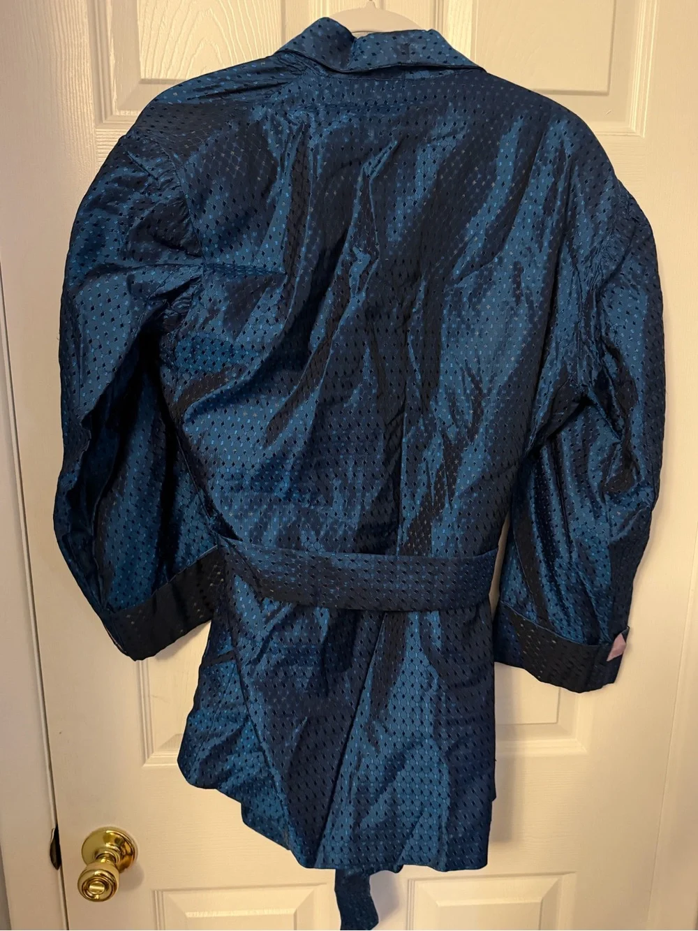 Vintage Smoking jacket Blue Textured Satin Tie-Waist Jacket size Medium